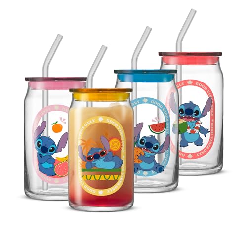 JoyJolt Disney Stitch Island Vibes Glass Tumblers with Lids and Straws, 16oz Glass Cups with Lids and Straws, Can Shaped Drinking Glasses Set of 4, Stitch Stuff, Disney Gifts for Adults - style: Stitch