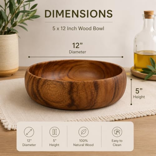 Handcrafted Hawaiian Wood Serving Bowl – Organic Acacia Natural Wooden Salad, Soup, Decor, Fruit & Candy Bowl (X-Large 5x12 inch) - size: Extra Large