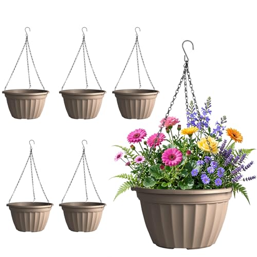 FGstyle 6 Pack 8 Inch Hanging Planters,Hanging Baskets for Plants Outdoor | Self Watering Plastic Hanging Flower Pots with Soil Elevator and 20" Chain for Home Garden Porch Balcony Patio Decor(Beige) - color: Beige, size: 8 inch-6 pack