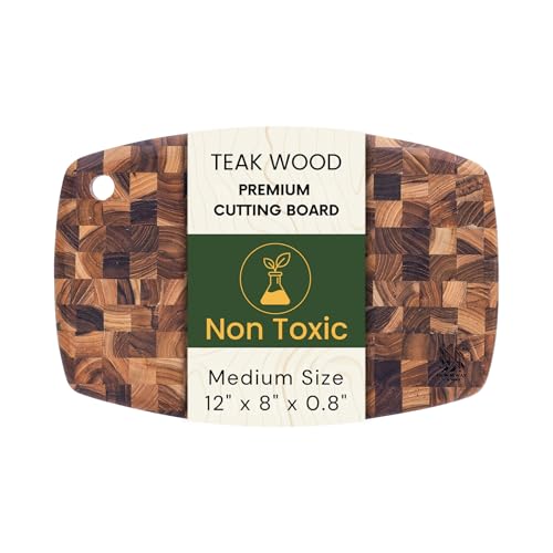 Teak Wood Oval End Grain Cutting Board 12" x 8" x 0.8", Small Solid Wood Kitchen Cutting Board for Fruit & Cheese Prep, Decorative Serving Board with Hanging Hole by New M Way