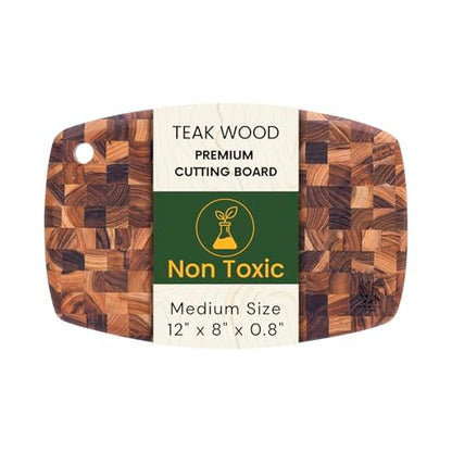 Teak Wood Oval End Grain Cutting Board 12" x 8" x 0.8", Small Solid Wood Kitchen Cutting Board for Fruit & Cheese Prep, Decorative Serving Board with Hanging Hole by New M Way