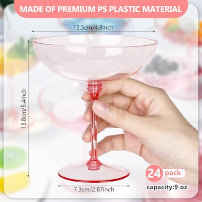 LemonRoad 24 Pcs Plastic Coupe Glasses 9 oz Disposable Martini Glasses for Cocktails, Champagne, Desserts and Espresso, Drinkware Set for Weddings, Birthday Parties, Home Bars (Pink) - color: Pink