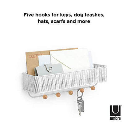 Umbra Estique Entryway Organizer, Wall Mount Key Holder, White/Natural | Steel construction, perforated mail bin, five wooden knob hooks, hidden mounting hardware, holds up to 5 lbs - size: Small