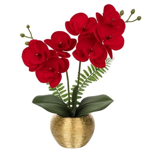 Briful 13" Small Artificial Orchid Flowers in Gold Ceramic Pot, Red Faux Phalaenopsis Silk Orchid Arrangement for Bathroom Vanity Bedroom Office Desk Shelf Romantic Room Decor - color: Red Gold