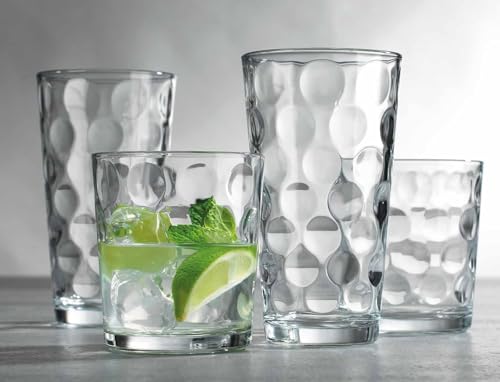 Home Essentials Drinking Glasses Set of 16, 8 Highball Glasses -17 oz., 8 Rocks Whiskey Glass Cups 13 oz., Inner Circular Lensed Glass Cups. - size: 16 Piece Set (8 x 17 oz Highball, 8 x 13 oz Rocks)