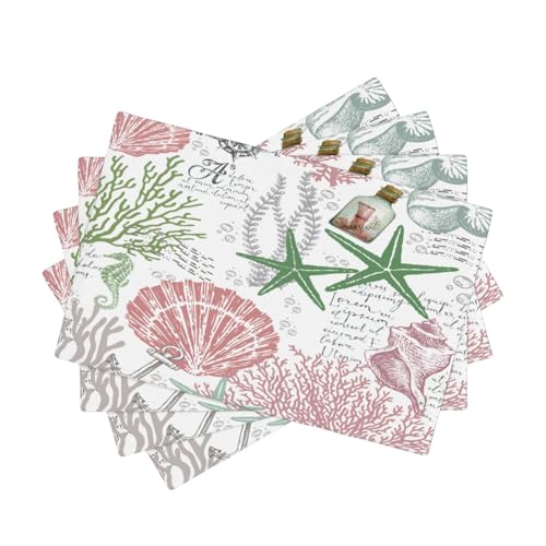Summer Ocean Placemats Set of 4,Nautical Coastal Pink Green Starfish Seashell Coral Theme Linen Table Mats for Home Kitchen Dining Party Decor 4 PCS - color: Pink Starfish, size: 12"X18"|4 PCS