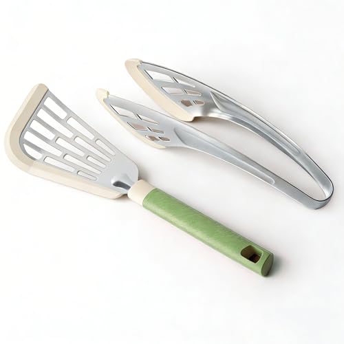 Butterfly Spatula & Butterfly Tongs Set of 2 Made of Silicone & Stainless Steel Flexible Curved Edge Slotted Turner for Non-Stick Cookware Egg Steak Pancake Flipper Green - color: Green, size: Set of 2