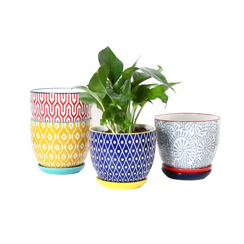 Selamica Ceramic Plant Pots, 5.6 Inch Flower Pots for Indoor Plants, Planters with Drainage Hole and Saucer, Garden Pots for Succulent, Orchid, Home Decor, Set of 4, Assorted Colors - color: Assorted Colors, size: 5.6 inch, set of 4