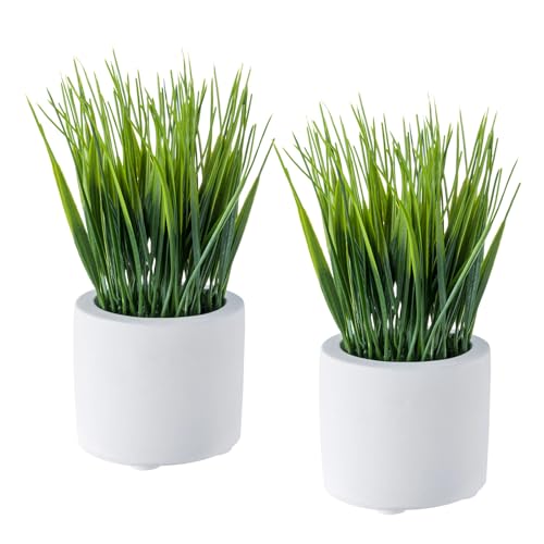 MyGift Artificial Grass Plants in Modern Cylindrical White Cement Pots, Decorative Faux Greenery Plant in Tabletop Planter, Set of 2 - color: White (Round)