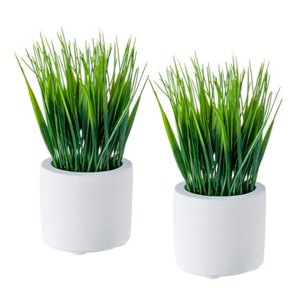MyGift Artificial Grass Plants in Modern Cylindrical White Cement Pots, Decorative Faux Greenery Plant in Tabletop Planter, Set of 2 - color: White (Round)