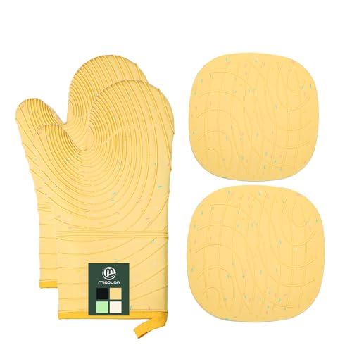 4 Pieces Oven Mitts and Pot Holders of Macaron Color Thickened Non-Slip Silicone Kitchen Gloves, Heat Resistant up to 500F, Essential for Kitchen Baking(makal-Huang) - color: Silicone-yellow