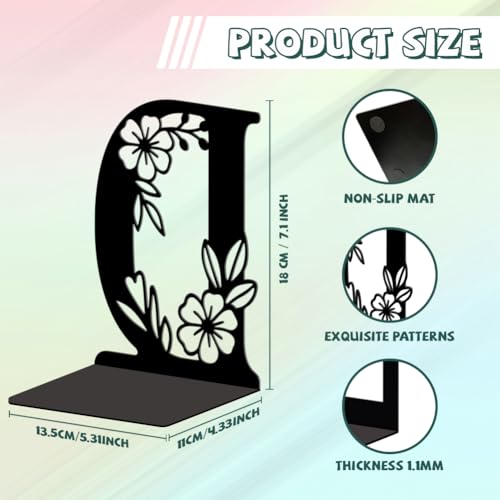 5.3"x4.3"x7.1" Metal Bookends, Heavy Duty Book Ends for Shelves | Letter D with Flowers Theme Cast Iron Book Supports, 1 Pair Decor Stoppers for Desk, Library, Office & Home Shelves - style: Letter D with Flower
