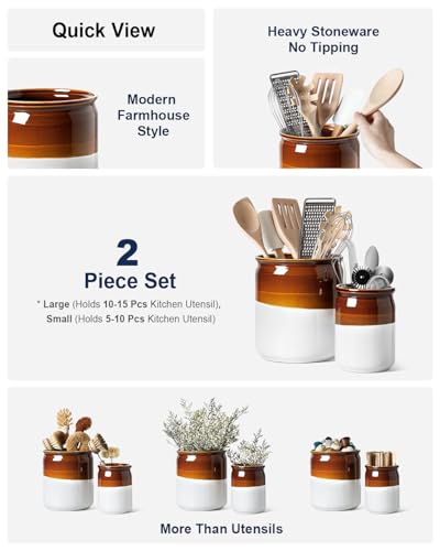 LE TAUCI Kitchen Utensil Holder for Countertop, Ceramic Utensil Crock Set of 2, Rustic Brown Holder for Spatulas, Spoons and Ladles, Large Farmhouse Kitchen Counter Decor, Brown and White, 7.2" & 5.4"