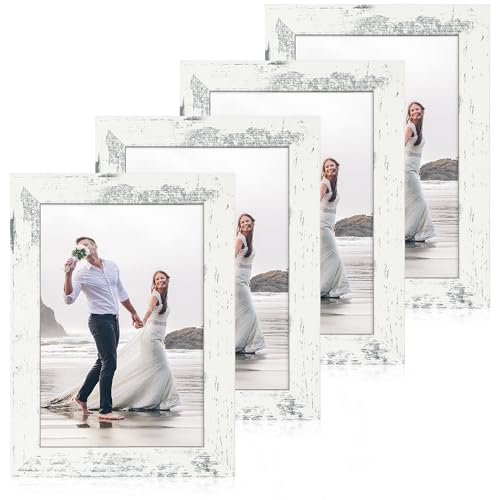 iRahmen 6x9 Picture Frame Set of 4, High Definition Glass Distressed White Frame, 6 x 9 Wood Photo Frames for Horizontal or Vertical Tabletop Display and Wall Mounting - color: Distressed White, size: 6X9