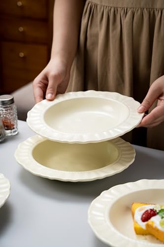 8.6" Ceramic Wide Rim Soup Bowls Set of 4, Cream Color Embossed | Italian-Inspired Floral Embossed Design with Matte Finish, Microwave & Dishwasher Safe, Ideal for Pasta, Salad, Soup and More