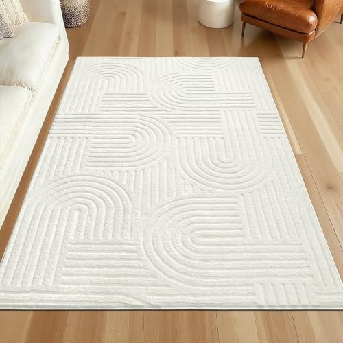 SHACOS Soft Cozy Fluffy Arch Pattern High Low Pile Rugs 4'x6' Non Slip Washable Scandinavian Minimalist Rug Modern Geometric Arc Carpet for Living Room Bedroom Dining Room, Cream White - color: Cream White, size: 4'x6'
