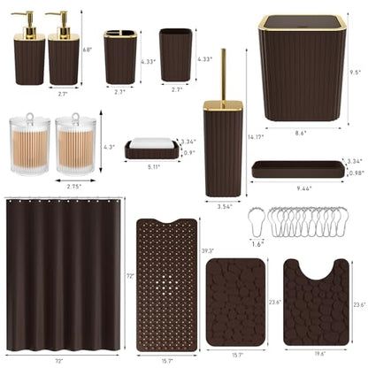 XLHOMO 26PC Bathroom Accessories Set - Gorgeous Brown Bathroom Set, Bathroom Accessory Set, Shower Curtain Set with Bathtub Mats for Shower Tub, Trash Can & Soap Dispenser - size: Bath Set+Bathtub Mat+Shower Curtain&Rugs, style: Brown&Gold