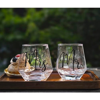 Mr Mrs Stemless Wine Glasses Gift Set 15oz, Couples Gifts for Bridal Shower Engagement Anniversary Wedding Shower Valentine's Day Birthday Christmas, 1 Pack Reusable Burlap Wine Bag-38