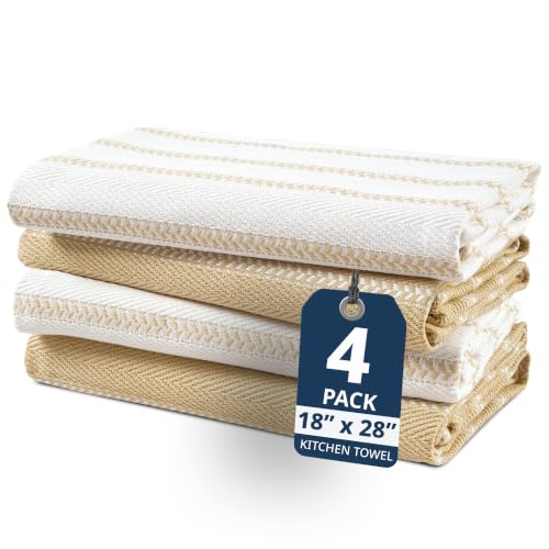 LANE LINEN Kitchen Towels Set of 4-18”x28” Absorbent Cotton Dish Towels, Quick-Drying Hand & Tea Towels for Kitchen, Light Tan - color: 10: Beige Herringbone, size: 18''x28" - 4 Pack