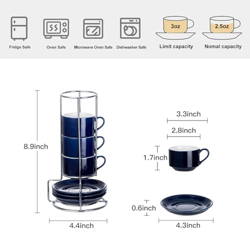 2.5oz Espresso Cups Set of 4, Small Stackable Coffee Cups with Saucers and Metal Stand, Ceramic Demitasse Cups, Cappuccino Cups for Coffee Drinks, Latte, Blue - color: Blue, size: 2.5oz