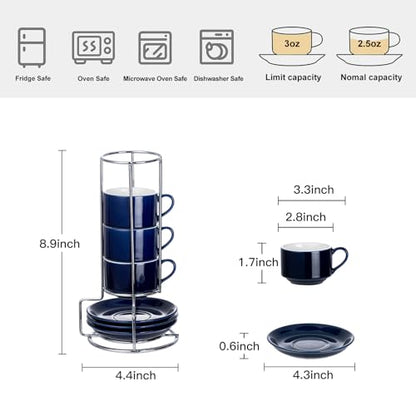 2.5oz Espresso Cups Set of 4, Small Stackable Coffee Cups with Saucers and Metal Stand, Ceramic Demitasse Cups, Cappuccino Cups for Coffee Drinks, Latte, Blue - color: Blue, size: 2.5oz