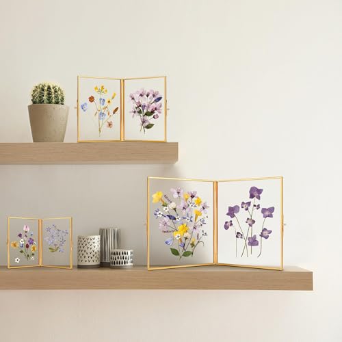 REDHUGO Glass Pressed Flower Frame Handmade, Rectangle, Gold, 6×8 Inches | Hinged Double Press Flower Frame, Tabletop Brass Photo Frames, Rectangle Dried Flowers Display Folding Frames for Home - color: Gold, size: 6L" x 8W"