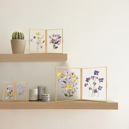 REDHUGO Glass Pressed Flower Frame Handmade, Rectangle, Gold, 6×8 Inches | Hinged Double Press Flower Frame, Tabletop Brass Photo Frames, Rectangle Dried Flowers Display Folding Frames for Home - color: Gold, size: 6L" x 8W"