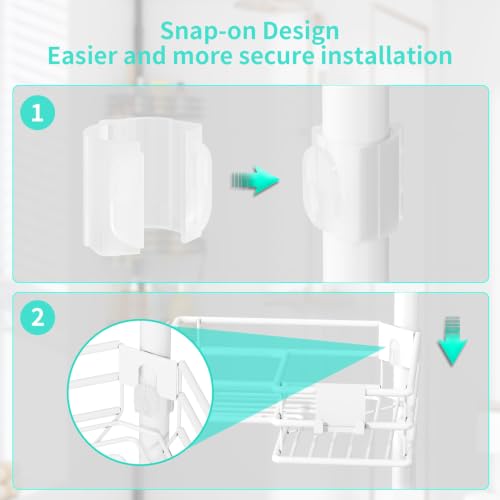 HapiRm Corner Shower Caddy Organizer - Shower Organizer Corner with Soap Holder, Toothbrush Holder and 4 Hooks, Rustproof Bathroom Shelf Tension Pole Available for 27.6 to 108.3 Inch - White