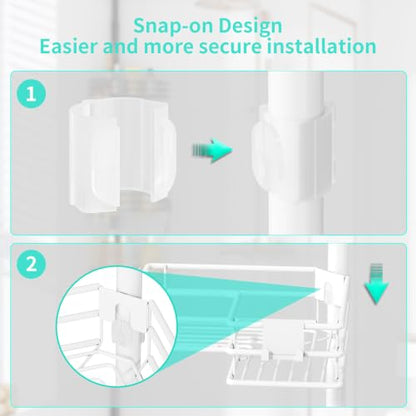 HapiRm Corner Shower Caddy Organizer - Shower Organizer Corner with Soap Holder, Toothbrush Holder and 4 Hooks, Rustproof Bathroom Shelf Tension Pole Available for 27.6 to 108.3 Inch - White