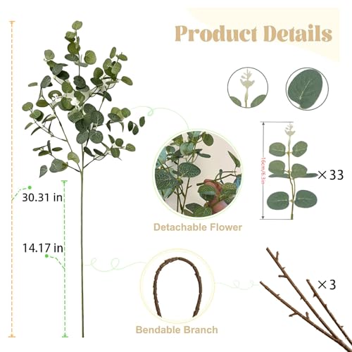 30" 3-Pack DIY Faux Eucalyptus Branches Greenery Stems | Silver dollar leaves, table centerpiece filler, wedding bouquet filler, vase arrangement decor, home accents