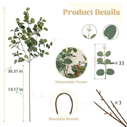 30" 3-Pack DIY Faux Eucalyptus Branches Greenery Stems | Silver dollar leaves, table centerpiece filler, wedding bouquet filler, vase arrangement decor, home accents