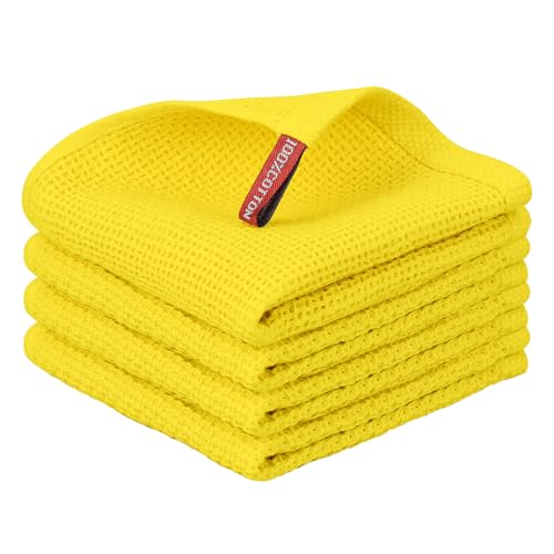 Nialnant 4 Pack Yellow Kitchen Dish Towels, 100% Cotton Waffle Weave Kitchen Dish Cloths for Washing Dishes, Soft Absorbent Dish Rags, Quick Drying Cleaning Rags - 12x12 in - color: Yellow, size: 12 x 12 - 4 Pack