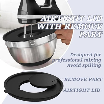 Umite Chef Mixing Bowls with Airtight Lids Set, 8PCS Stainless Steel Nesting Bowls Set, 3 Grater Attachments & Non-Slip Bottoms, Size 5, 4, 3.5, 2, 1.5QT for Baking & Mixing(Black) - color: Black