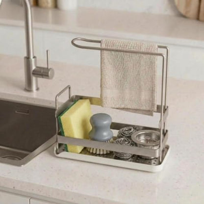 Kitchen Sink Caddy,Sponge Dish Brush Holder Brushed Nickel | Carbon Steel, Towel Rack & Removable Drain Tray, Sponge & Brush Organizer, Compact Sink Storage, Fits Standard Kitchen Sink