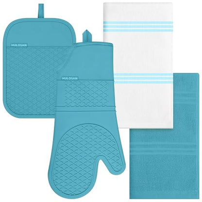 Oven Mitt and Pot Holders Sets, Quilted Cotton Terry Cloth,Non-Slip Pot Holder, Silicone Oven Mitt Heat Resistant, Oven Mittens 7.3"x14.2", Hot Pad 7"x10" & Dish Cloths 13"x25" - color: Lake Blue