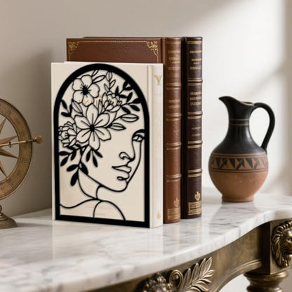 5.3"x4.3"x7.9" Metal Bookends, Heavy Duty Book Ends for Shelves | Lines Flowers With Faces Theme Cast Iron Book Supports, 1 Pair Decor Stoppers for Desk, Library, Office & Home Shelves - style: Lines Flowers With Faces