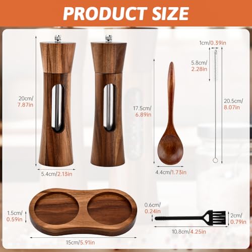 2Pack Wooden Salt and Pepper Grinder Set, 8-Inch Refillable Manual Salt and Pepper Mills with Clear View Window, Wood Shakers with Ceramic Grinder & Wooden Stand, Adjustable Coarseness