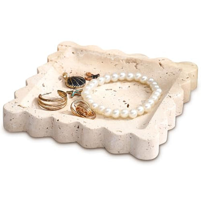 5.5 Inch Small Travertine Stone Tray Marble Jewelry Dish Trinket Tray for Women, Perfume, Coffee Table(Square,Scallop) - style: Square，Scallop