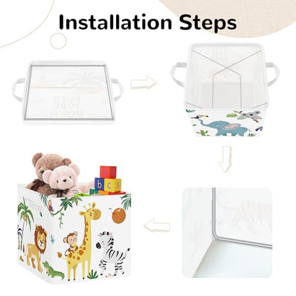 Clastyle 11.8" Animal Storage Basket Set of 3 for Kid Toy Clothes Bin | Collapsible Fabric Book Bin, Metal Frame Bottom Board, Cube Organizer, Closet Nursery Pantry Shelf Bedroom, Safari Lion - color: Lion Elephant