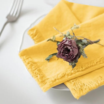 Handmade Cloth Napkins 100% Cotton Napkins with Fringe，Delicate Handmade Cloth Napkins for Dinners, Parties, Weddings and More，(18 x 18 Inch Set of 4) - Yellow - color: Yellow