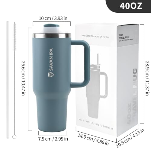 Insulated Tumbler, Blue, 40 oz | Handle and Straw, Stainless Steel Vacuum Travel Mug, Leak Resistant Lid, Fits Car Cup Holder - color: Baby Blue, size: 40 oz