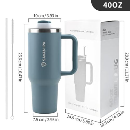 Insulated Tumbler, Blue, 40 oz | Handle and Straw, Stainless Steel Vacuum Travel Mug, Leak Resistant Lid, Fits Car Cup Holder - color: Baby Blue, size: 40 oz