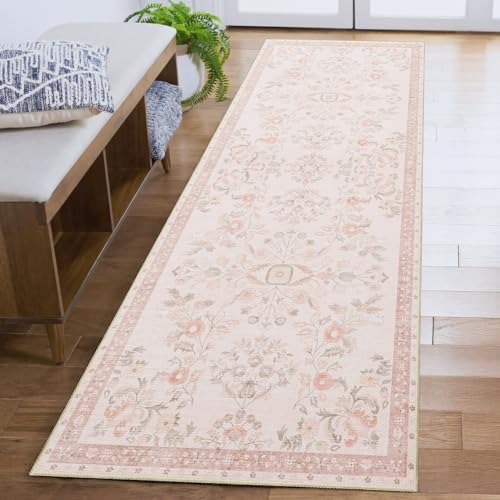 Washable Runner Rug 2x6 Area Rug Non Slip Ultra-Thin Floral | Long Throw Carpet for Hallway Kitchen Bedroom Bedside Laundry Room Floor Indoor Low Pile Botanical Boho Vintage Pink - color: Pink, size: 2' x 6' (Rectangular)