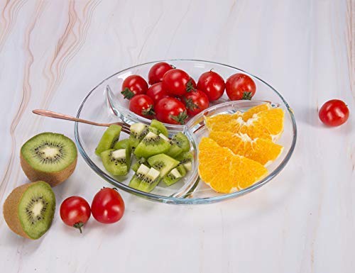 FOYO Round Tempered Glass Serving Platters/Trays - 3 Sectional -10'' Diameter, Set of 2