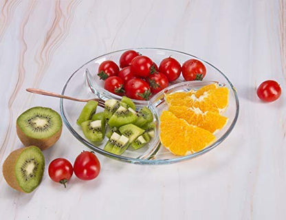 FOYO Round Tempered Glass Serving Platters/Trays - 3 Sectional -10'' Diameter, Set of 2