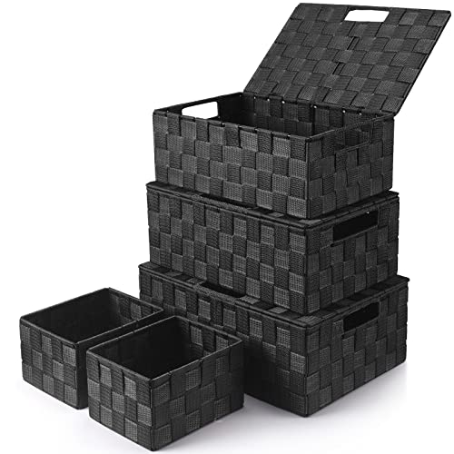 Storage Baskets with Lids: 5 Pack Stackable Woven Storage Bins, Black | Decorative Woven Baskets for Organizing with Built-In Handles for Shelves, Closets, Cabinets and Cubbies, Gift Small Basket - color: Black, size: 5pack with Lids