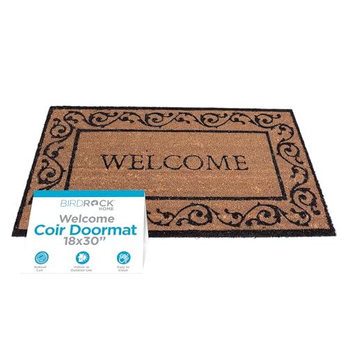 BIRDROCK HOME Welcome Coir Doormat with Scroll Border | 18 x 30 Inch | Standard Welcome Mat with Black Decorative Border | Natural Fade | Vinyl Backed | Outdoor