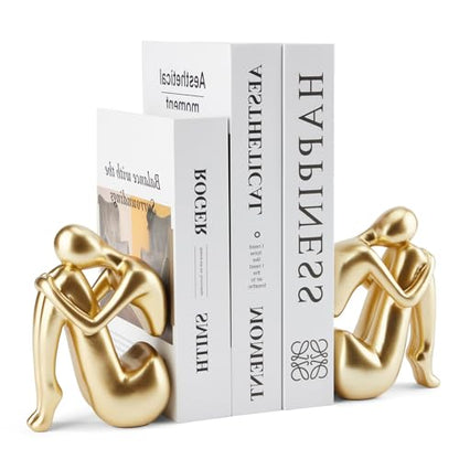 Gold Bookends Book Ends, Unique Decorative Girl Thinker Design,Non-Slip Home Office Bookshelf Decor, Modern Book Holder for Shelves, Heavy Duty Resin Book Stopper for Books,1Pair/2Piece