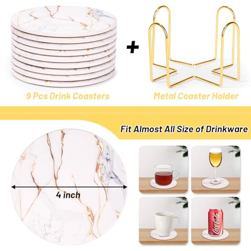 9 Pieces Ceramic Drink Coasters with Holder, Billbotk Absorbent Drink Coasters for Coffee Table, Marble Style Coasters Wooden Table, Suitable for Kinds of Cups, 4 Inches - color: Gold White