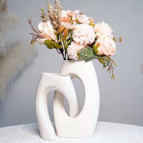 White Ceramic Vase Set of 2 with Champagne Faux Flowers